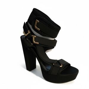 Hot Tomato Strappy Black Heels with Gold Buckles